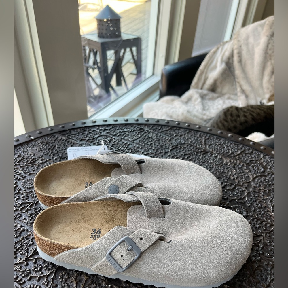 BIRKENSTOCK BOSTON SUEDE CLOGS IN STONE COIN 36 EU 5 US NARROW - Picture 5 of 9